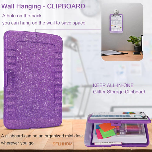 Glitter Clipboard with Storage,Storage Clipboard with Pen Holder,A4 Binder Clip Boards 8.5x11 with Low Profile Clip,Side Opening Sparkle Clipboard...