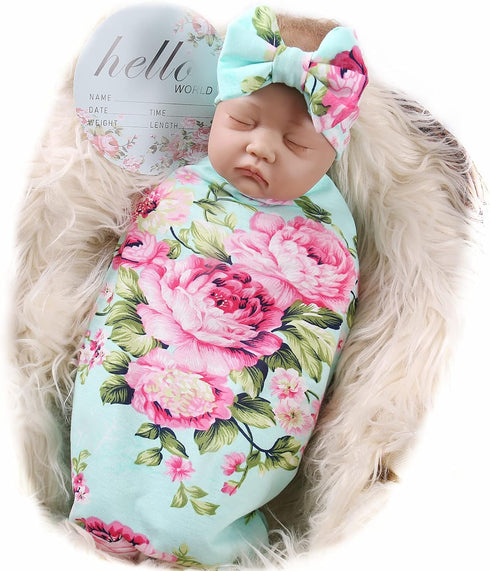 Galabloomer Newborn Swaddle Blanket with Headband Set Baby Girl Receiving Blanket Aqua Flower...