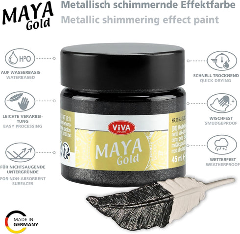Viva Decor Maya Gold (Hematite) 1.52 Fl Oz - Shiny metallic acrylic paint for creative works on wood, glass, and porcelain. Impact-resistant, smud...