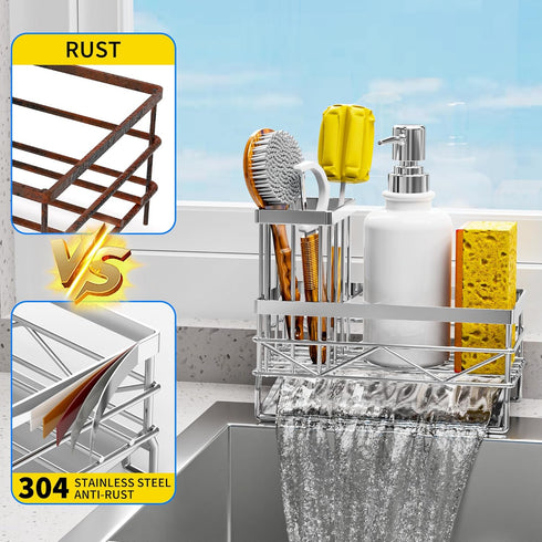 Silver Sink Caddy Sponge Holder for Kitchen Sink with Brush Holder and Stainless Steel Self Drain Tray, Rustproof Kitchen Sink Organizer for Spong...