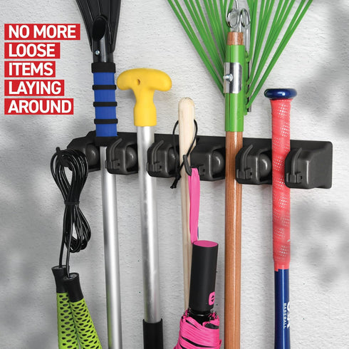 Mop and Broom Holder Wall Mount - Garage Storage Organizer with 5 Slots, 6 Hooks, 7.5lbs Capacity Per Slot - Home, Kitchen, Closet, Garden Tools, ...