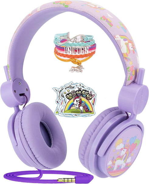 Kids Headphones,Wired Headsets with Built-in Mic for Boys Girls Teen,On/Over Ear HD Stereo for Online Study/School/Travel with Nylon Cable (S-Purp...