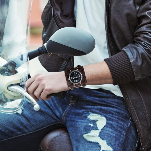 JewelryWe Black Brown Hip-hop Gothic Punk Style Men Watch Wide Leather Fashion Cuff Wristwatch for Halloween...