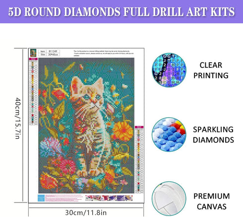Generic Flower Cat Diamond Painting Kits, 5D Diamond Painting Kits for Adults,DIY Diamond Painting Diamond Art,Round Full Drill Diamond Art Kits D...