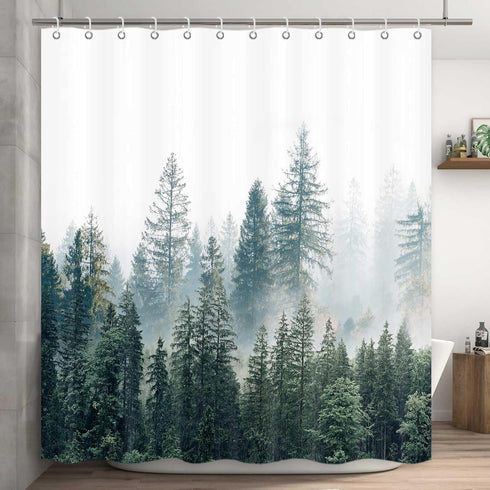 Nature Forest Shower Curtain, Woodland Shower Curtain for Bathroom, Tree Mountain Landscape Plant Decorative Bath Curtain Set with Hooks 60 x 72 I...