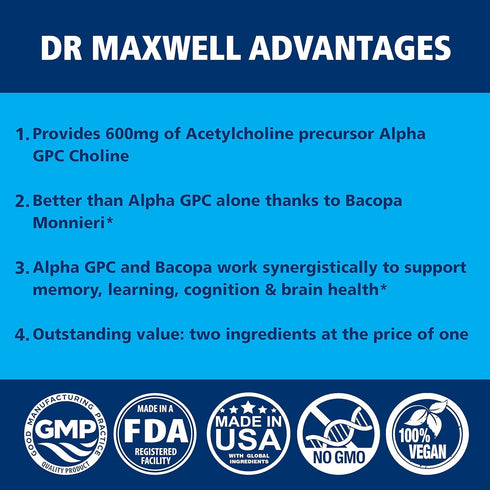 Acetylcholine, Alpha GPC Choline 600mg + Bacopa, Better Than Each Alone. More Reliable Acetylcholine (Supports Memory & Learning) Supplement, 60 C...