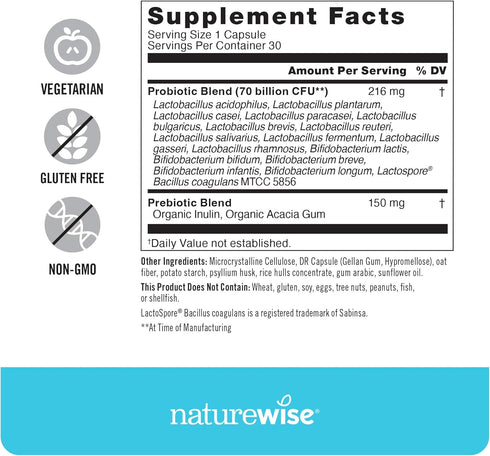 NatureWise Probiotics 70 Billion CFU - 17 Strains + Organic Prebiotics - Immune, Digestive & Gut Health Probiotics for Women & Men - Vegetarian, G...