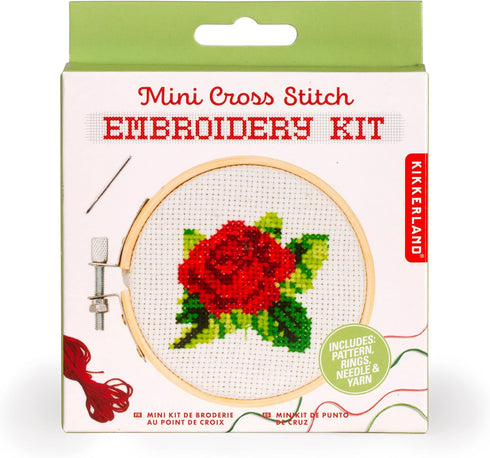 Kikkerland DIY Mini Cross Stitch Rose Embroidery Craft Starter Kit Set, with Pattern Instructions, 3" Bamboo Hoop, Stress Relief, Adult Beginner F...