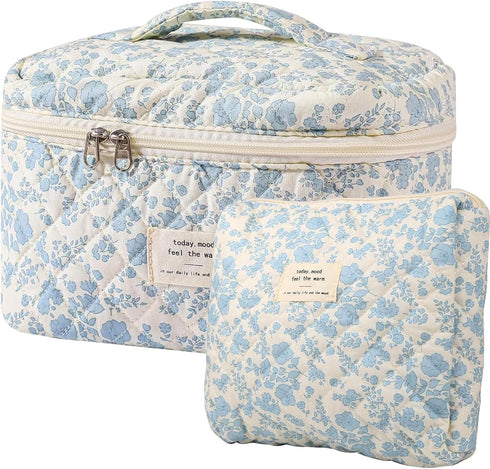 2PCS Quilted Makeup Bag,Large Floral Cosmetic Bag,Cotton Makeup Bag Set, Coquette Aesthetic Floral Travel Makeup Organizer Bag...