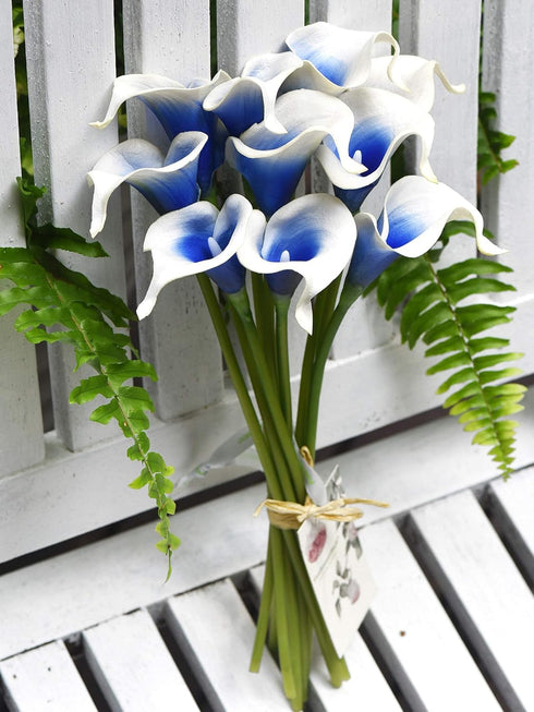 FiveSeasonStuff Real Touch Calla Lily Artificial Flowers Wedding Bridal Bouquet | Floral Arrangements | 15 Calla Lilies (Silk White & Abyss Blue)...