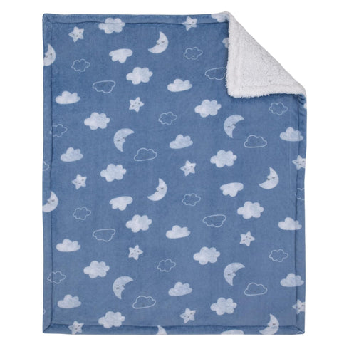 Carter's Blue Elephant - Chambray, and White Clouds, Moon and Stars Super Soft Sherpa Baby Blanket...