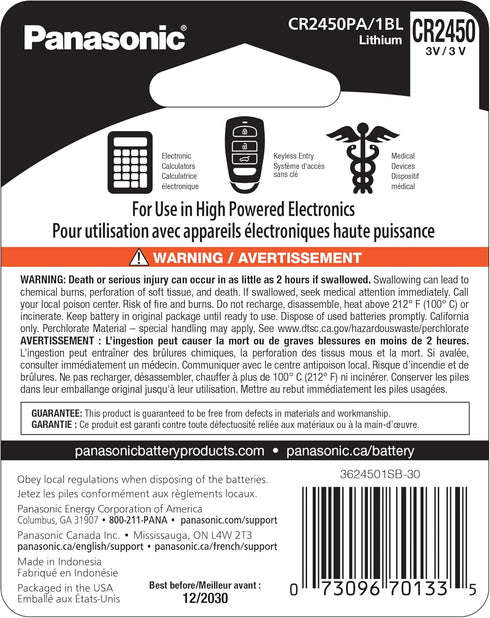 Panasonic CR2450 3.0 Volt Long Lasting Lithium Coin Cell Batteries in Child Resistant, Standards Based Packaging, 1-Battery Pack...