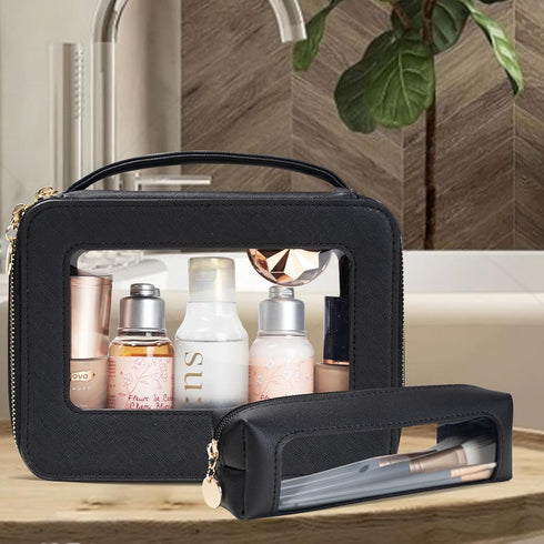 Clear Makeup Bag with Small Clear Makeup Pouch,TSA Approved Travel Cosmetic Bag with Zippers and Handle,Double Sides Clear Toiletry Bag for Women,...