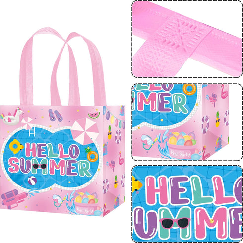 C L cooper life 12pcs Summer Pool Party Gift Treat Bags with Handles Pink Hello Summer Theme Non-Woven Bags for Girls Beach Pool Birthday Party Ha...