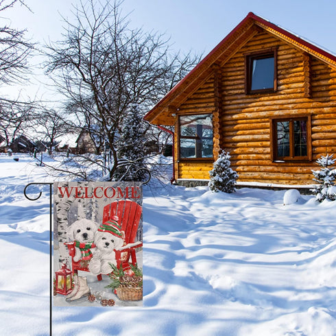 Home Decorative Welcome Winter Bichon Frise Dogs Red Chair Garden Flag, Puppy Pinecone House Yard Ice Skates White Birch Trees Outside Decoration,...