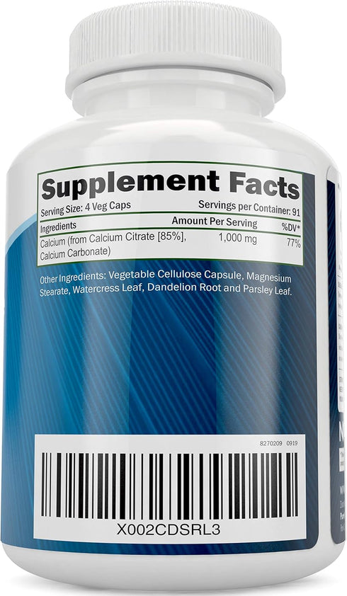 Calcium Citrate 1000mg - 365 Vegan Capsules not Tablets with Added Parsley, Dandelion and Watercress - Without Vitamin D - Made in The USA by Pure...