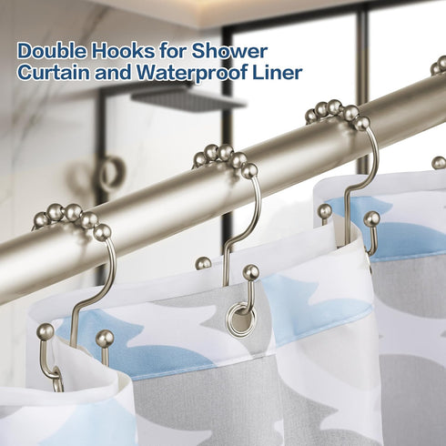 DAWNER Shower Curtain Hooks, Rust Proof Metal Easy Glide Double Rings, Stainless Steel Hangers for Bathroom Curtains, Set of 12, Brushed Nickel...