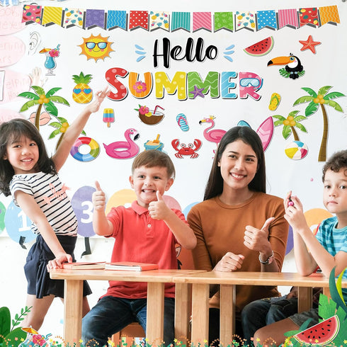 Hello Summer Bulletin Board Decorations Summer Beach Classroom Decor Hawaiian Tropical Palm Cutouts for Back to School Window Wall Home Door Offic...