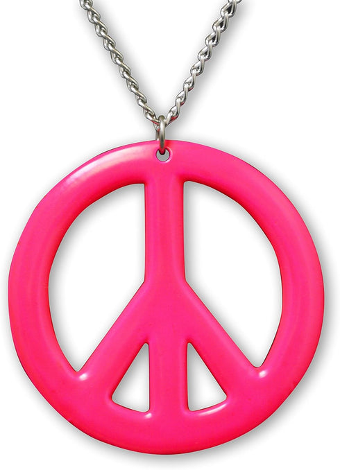 Hot Pink Hippie Peace Sign Pendant Necklace Enamel on Pewter Cosplay Jewelry...