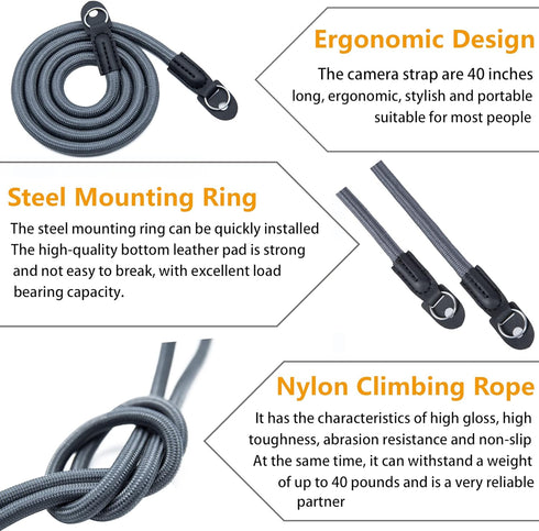 Camera Shoulder Strap Climbing Rope Camera Neck Strap for Mirrorless and DSLR Cameras, with Lens Cap Keeper (Silver)...