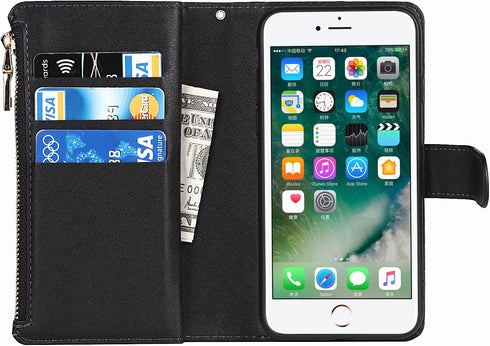 Jaorty Wallet Case Compatible with iPhone 7/8/iPhone SE 2nd 2020, 9 Card Slots, Wrist Strap, Stand Feature, Zipper Cash Pocket, Magnetic Leather C...