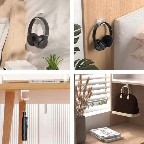 HomeMount Headphone Hook Under Desk - Headphone Holder Under Table, Adhesive Gaming Headphone Stand Hanger Desk Mount for Most Headphone(White-2P)...