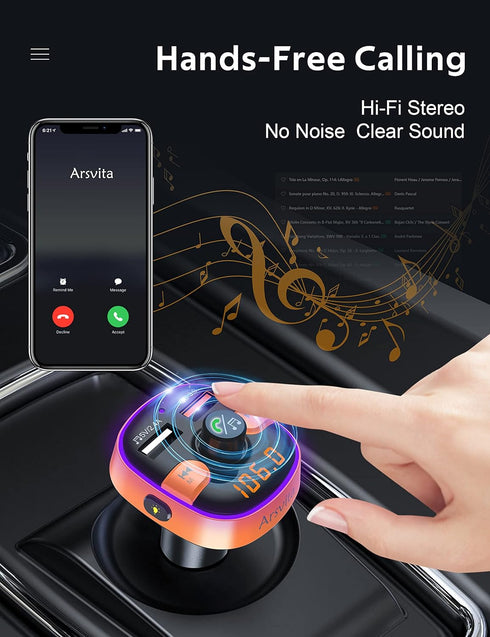 Upgraded Arsvita Bluetooth FM Transmitter for Car, Radio Receiver/Audio Adapter with Dual Car Charger, Support QC3.0 Quick Charging, Hands-Free Ca...