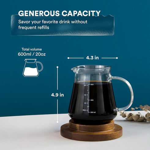 Glass Range Coffee Server For Pour Over Coffee & Tea - 600ml/20oz Ovalware Microwave Safe & Heatproof 2.5mm Thick Glass Body...