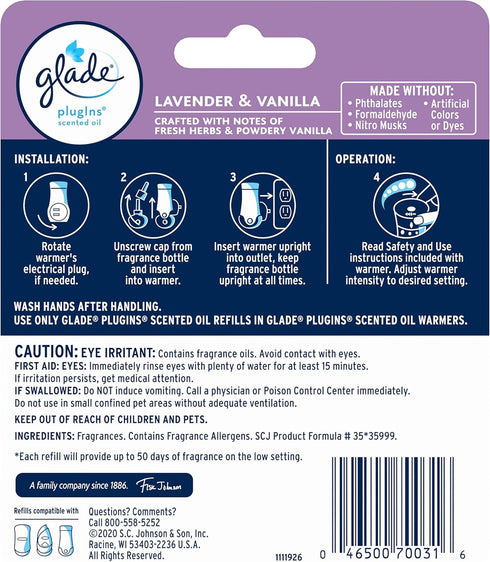 Glade PlugIns Scented Oil Refill Lavender & Vanilla, Essential Oil Infused Wall Plug In, Up to 100 Days of Continuous Fragrance, 1.34 oz, Pack of ...