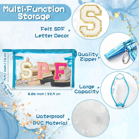Preppy Patch Cosmetic Bag - Summer Blue SPF Chenille Varsity Letter Clear Toiletry Bag Aesthetic Waterproof Portable Makeup Bag Transparent PVC Zi...
