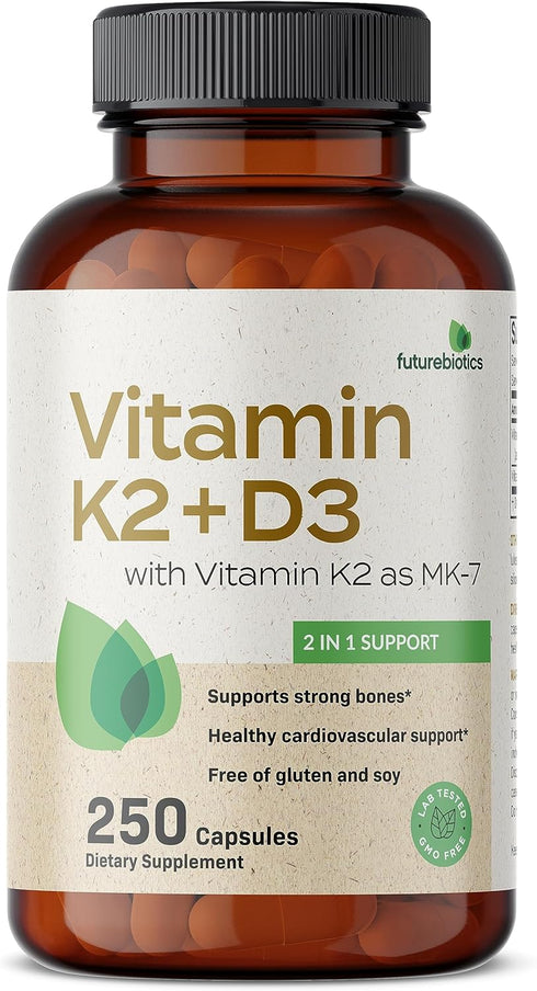 Futurebiotics Vitamin K2 (MK7) with D3 Supplement - Non-GMO Formula - 5000 IU Vitamin D3 & 90 mcg Vitamin K2 MK-7, 250 Vegetarian Capsules...