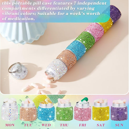 Bling Pill Case 7 Day Rhinestone Pill Container Keychain Weekly Pill Holder Travel Glitter Crystal Pill Box for Women,7 Color Large Compartments...