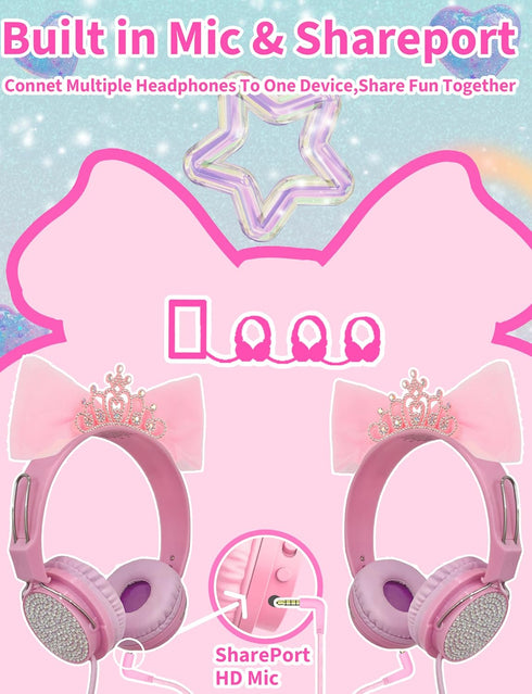 Priness Wired Kids Headphones with Mic for School/Travel,95dB Volume Limited,Shareport,On/Over Ear Bow Headsets with Nylon Cable-Pink...