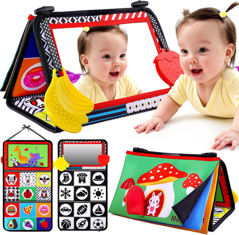Baby Tummy Time Toys with Mirror, Books, Teethers - For 0-12 Months with High Contrast, Montessori Crawling Toys for Boys & Girls...