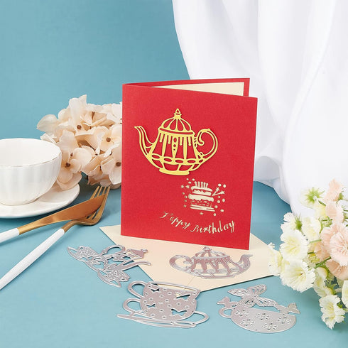 GLOBLELAND 4Pcs Metal Teapot Tea Cup Cutting Dies Tea Cup with Butterfly Stencil Template for Tea Party Invitations Scrapbook Embossing Christmas ...