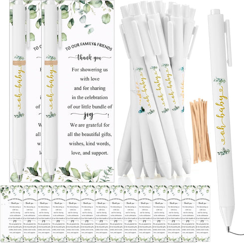 Greenery Baby Shower Pens Decoration Baby Shower Party Games Gift Cards with String Black Ink Retractable Ballpoint Pens for Girl Boy Gender Revea...