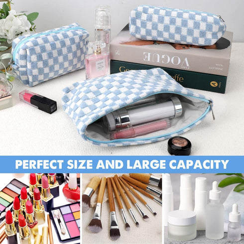 3 Pcs Makeup Bag Cosmetic Bag Set for Girls Women Checkered Travel Organizer Bathroom Toiletry Pouch Large Capacity Storage Bag (Blue-White)...