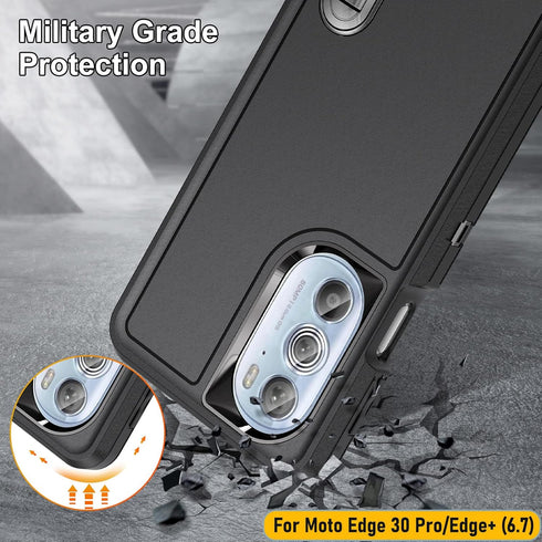 Case for Moto Edge 30 Pro/Edge+(2020) 6.7 Inch, Full Body Protection Heavy Duty Shock Absorbing 3 in 1 Silicone Rubber Built-in Stand with 2 Tempe...
