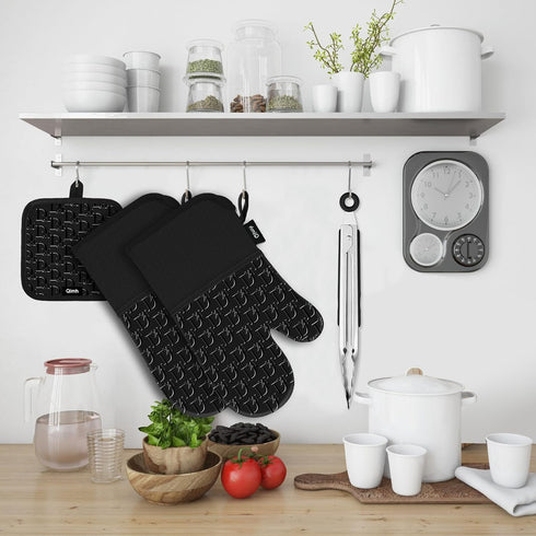 Qimh Oven Mitts and Pot Holders, 4 Pcs Kitchen Oven Mitts Set with Cooking Tongs, High Heat Resistant 500? Extra Long Non-Slip Silicone Surface Ov...