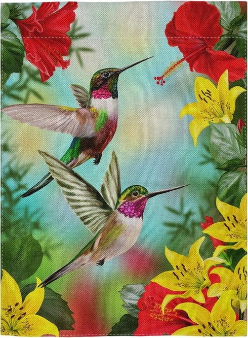 Hummingbird Garden Flag Banner 12.5"x18", Red flowering hibiscus and yellow lilies Decorative Flag for Wedding Anniversary Home Outdoor Garden Dec...