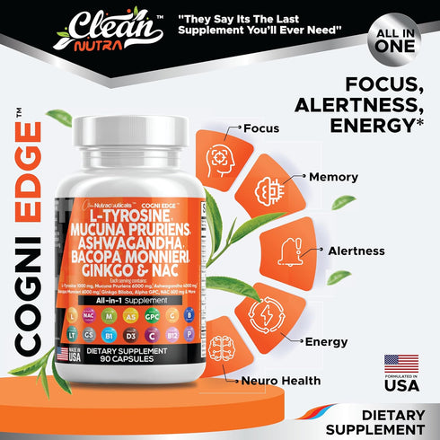 Clean Nutraceuticals L Tyrosine 1000mg Mucuna Pruriens 6000mg Bacopa Monnieri 500mg Ashwagandha 4000mg Focus Supplement w/N-Acetyl Cysteine 600mg ...