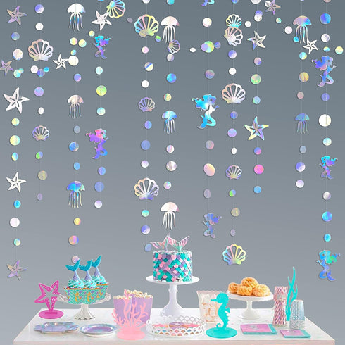 40 Ft Iridescent Mermaid Garland with Jellyfish Seashell Starfish Pearl Holographic Paper Streamer for Little Mermaid Rainbow Theme Birthday Bache...