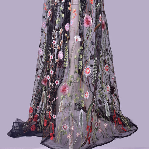 Black Lace Fabric, Exquisite Colorful Floral Flower Embroidered Sewing Lace Fabric, Length 71" Width 59" Elegant Soft Tulle Dress Fabric for DIY C...