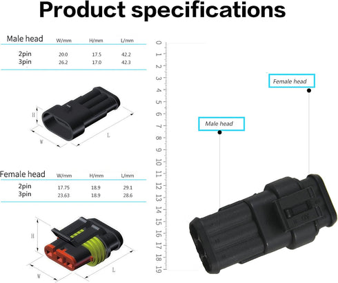 5 Kit 3 Pin Way Car Waterproof Electrical Connector Plug Male Female Wire Cable Connector Plug with Wire AWG Marine...