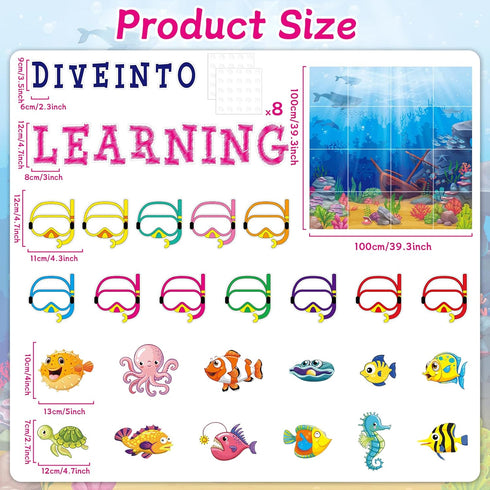 56 Pcs Ocean Beach Theme Classroom Bulletin Board Decoration Sets Dive into Learning Sea Animal Fish Cutouts for The Sea Backdrop Under The Summer...