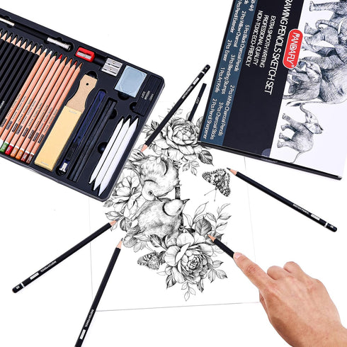 PANDAFLY Drawing Sketching Pencil Set, 42 Pack Pro Art Pencil Kit with Graphite Pencils (14B-4H), Charcoal Pencil, Ideal for Shading, Blending, Dr...