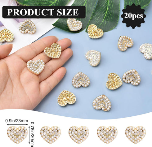 20 Pcs Faux Pearl Rhinestone Heart Buttons, White Retro Vintage Buttons Heart Metal Buttons Sew on Buttons Embellishments for DIY Crafts, 23mm...