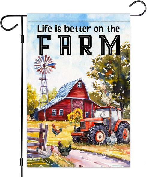 Life Is Better On The Farm - Funny Farm Garden Flag - Red Tractor Design - Harvest Themed Flag - 12x18 Design For Farmer, Off White...
