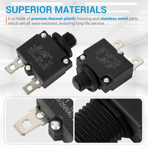 BlueStars 5 Packs 20Amp Thermal Circuit Breaker 125/250V AC 32V DC - Overload Protector with Push Button Manual Reset - Compatible with Automotive...