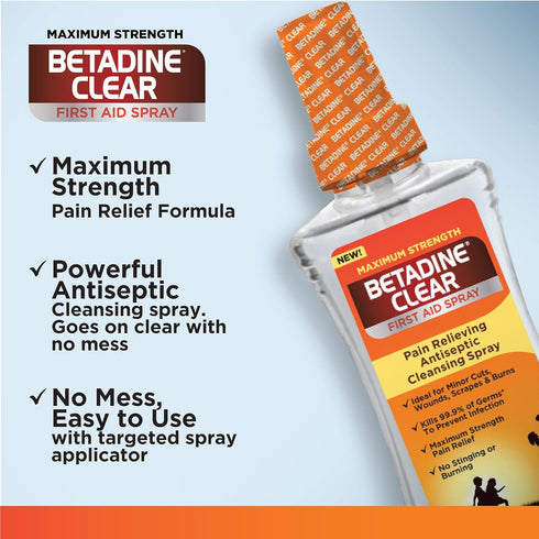 BETADINE Clear First Aid Spray, Max Strength Pain Relieving Antiseptic Cleansing Spray, No Stinging, Kills 99.9% of Germs*, Helps Prevent Infectio...